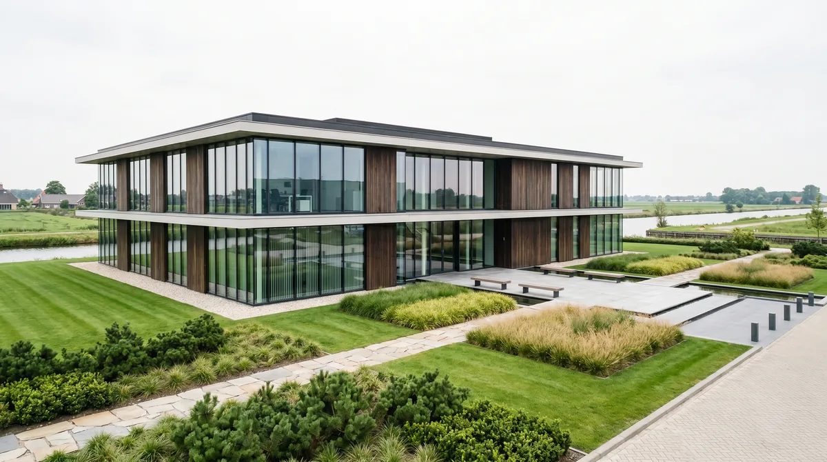 Modern bedrijfspand met verzorgde groenvoorziening en siergrassen